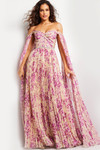 Jovani 26141 Print Chiffon Off Shoulder Pleated Maxi Dress