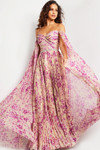 Jovani 26141 Print Chiffon Off Shoulder Pleated Maxi Dress