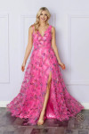 Nox Anabel E1445 Floral Print Ruffled Deep V-Neck Prom Dress