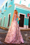 Nox Anabel E1445 Floral Print Ruffled Deep V-Neck Prom Dress