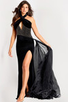 Jovani 48087 Velvet Beaded Halter Neckline Evening Gown