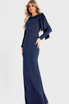Jovani 46738 Crepe Long Sleeve Draped Shoulder Cape Gown