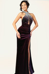 Jovani 48960 Velvet Crystal Embellished High Neck Long Dress
