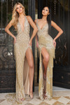 Jovani 48536 Beaded Mesh Sequin Fringe Deep V-Neck Dress