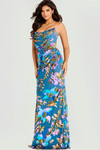 Jovani 47654 Stretch Satin Sequin Floral Cowl Neck Long Gown