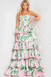 Jovani 37058 Satin Floral Print Ruffles Strapless Long Gown