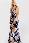 Jovani 42562 Stretch Jersey Satin Halter Print V-Neck Gown