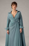 MNM Couture E0093 Rayon Crepe Collar V-neck Long Sleeve Gown