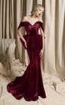 MNM Couture N0702 Velvet Structured Sleeve Off-shoulder Gown