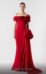 MNM Couture G1942 Scarlet Off-Shoulder Sleeve High Slit Gown