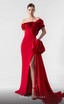 MNM Couture G1942 Scarlet Off-Shoulder Sleeve High Slit Gown
