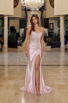Nox Anabel R1816 Shiny Satin Scoop Neck Strapless Prom Gown