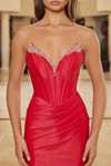 Nox Anabel Y1800 Shiny Satin Beaded V-neck Strapless Gown