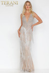 Terani Couture 1821GL7401 Beaded Fringed Low V-neck Dress