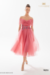 Tarik Ediz 98293 Tulle V-Neck Off Shoulder Midi Length Dress
