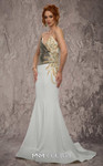 MNM Couture J03554 Rayon Crepe Metallic Overlay Long Gown