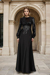 Janique 1028 Satin Liquid Sequin Bishop Sleeve Column Gown