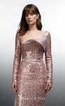 MNM Couture E0157 Sequin Asymmetrical Neck Long-Sleeve Gown
