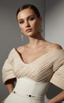 MNM Couture E0088 Rayon Crepe Scoop Neck Off-Shoulder Gown