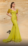 MNM Couture 2774 Crepe V-Neck Short Sleeve Ruched Long Gown