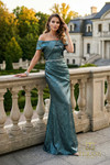 Terani Couture 262M7302 Jacquard Metallic Off-shoulder Gown