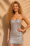 Jovani 52454 Sequin Beaded Fringe Hem Strapless Mini Dress