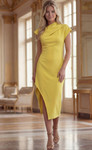 Jovani 39372 Crepe Asymmetric Neck Cap Sleeve Midi Dress