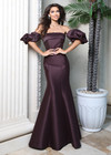 Jovani 51577 Satin Straight Off-Shoulder Puff Sleeve Gown