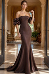 Jovani 51577 Satin Straight Off-Shoulder Puff Sleeve Gown