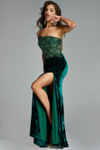 Jovani 43711 Velvet Lace Beaded Strapless High Slit Gown