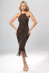 Jovani 49597 Embellished Fringe Hem Halter Neck Midi Dress