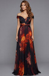 Jovani 49473 Chiffon Floral Printed Off Shoulder A Line Gown