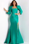Jovani 45214 Satin Square Neck Puff Sleeves Flared Hem Gown