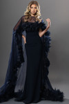 Jovani 44321 3D Floral Trim Strapless Sheer Cape Long Gown