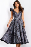 Jovani 40314 Jacquard Floral V-Neck Ruffle Sleeve Midi Dress