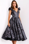 Jovani 40314 Jacquard Floral V-Neck Ruffle Sleeve Midi Dress