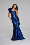 Jovani 39438 Metallic Side Ruffles One Shoulder Long Gown