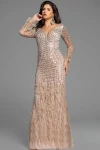Jovani 37552 Sequin Embellishments Feather Long Sleeve Gown