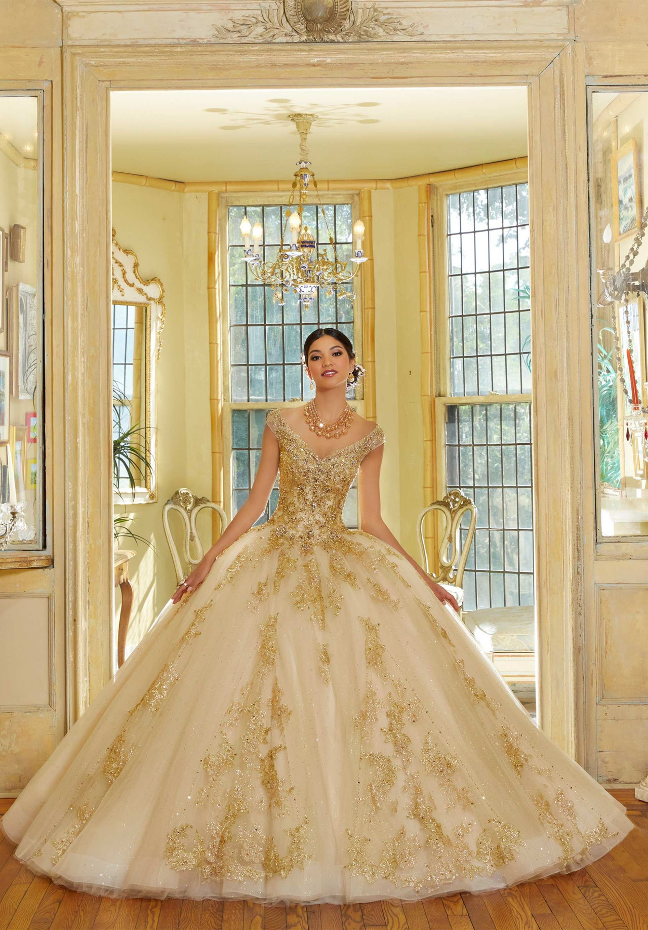 MORILEE #60174 LAVENDAR MOSS Glitter Tulle Quinceañera Dress with Three-Dimensional Floral Appliqués