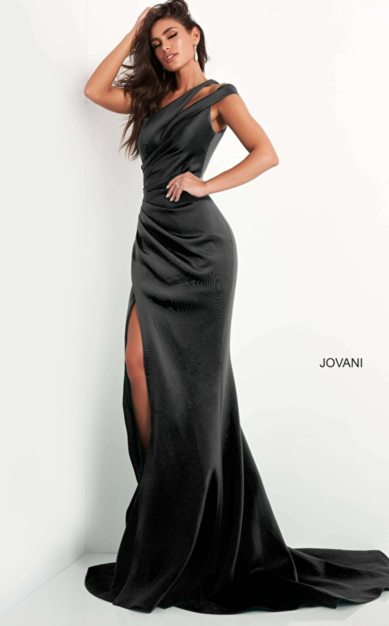 Jovani 04222 Scuba One Shoulder Ruched Keyhole Evening Dress