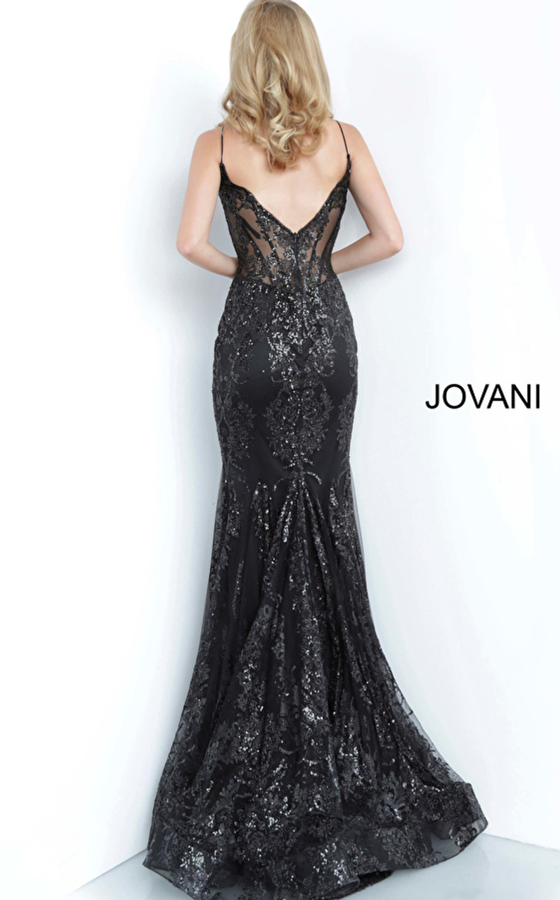 Jovani 3675 Sequined Illusion Corset Plunging V-Neck Gown