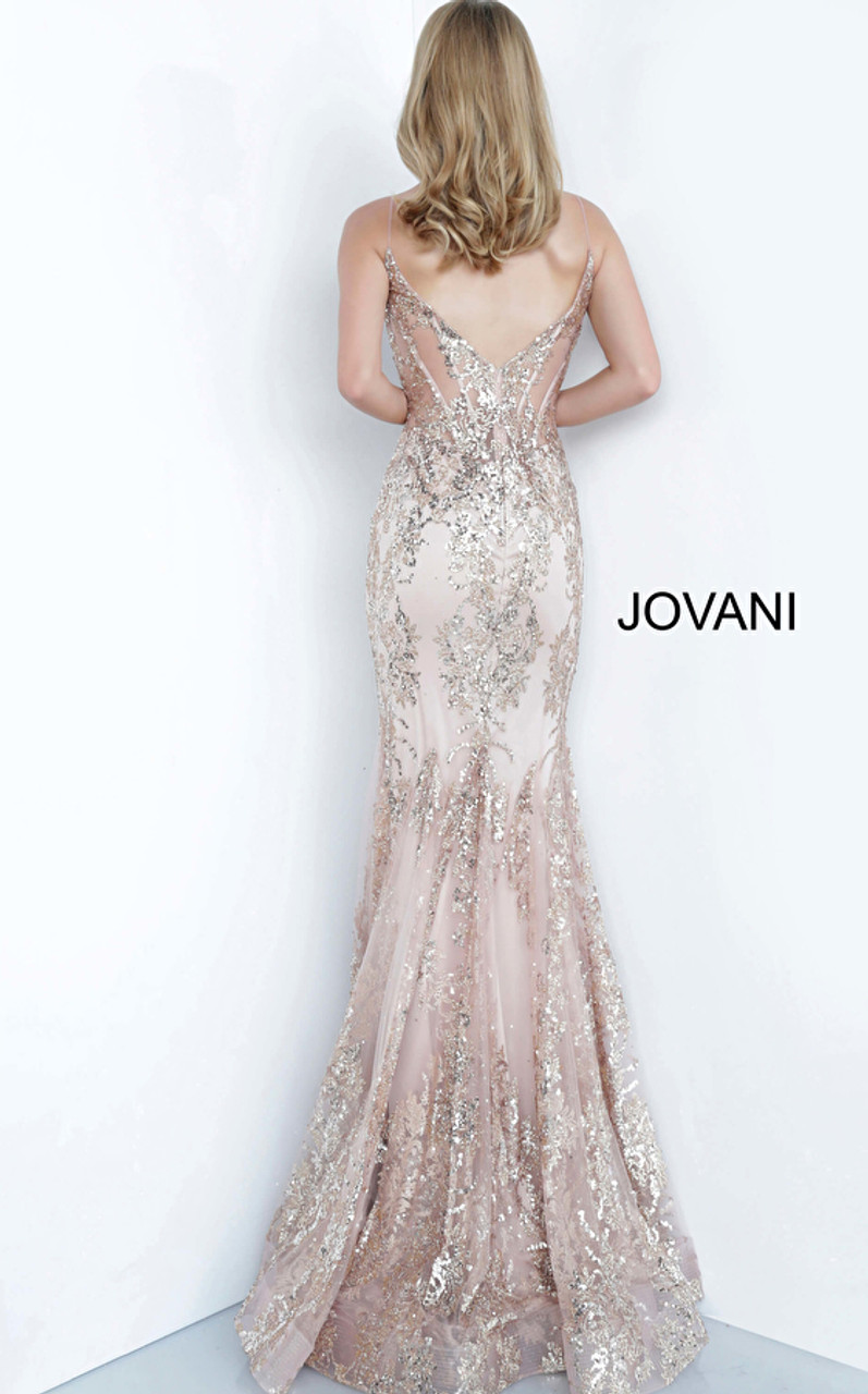 Jovani 3675 Sequined Illusion Corset Plunging V-Neck Gown