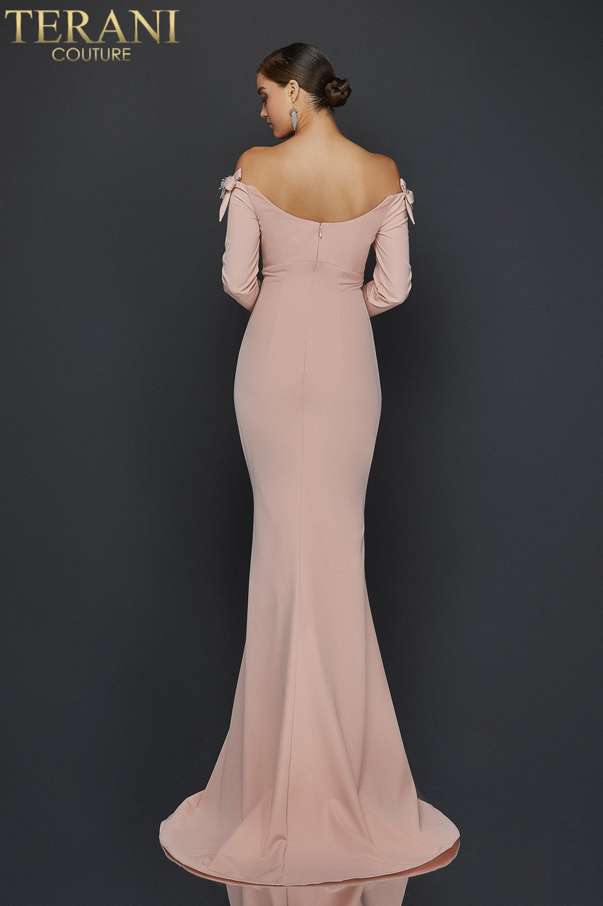 Terani Couture 1921E0117 Off Shoulder High Scoop Neck Gown