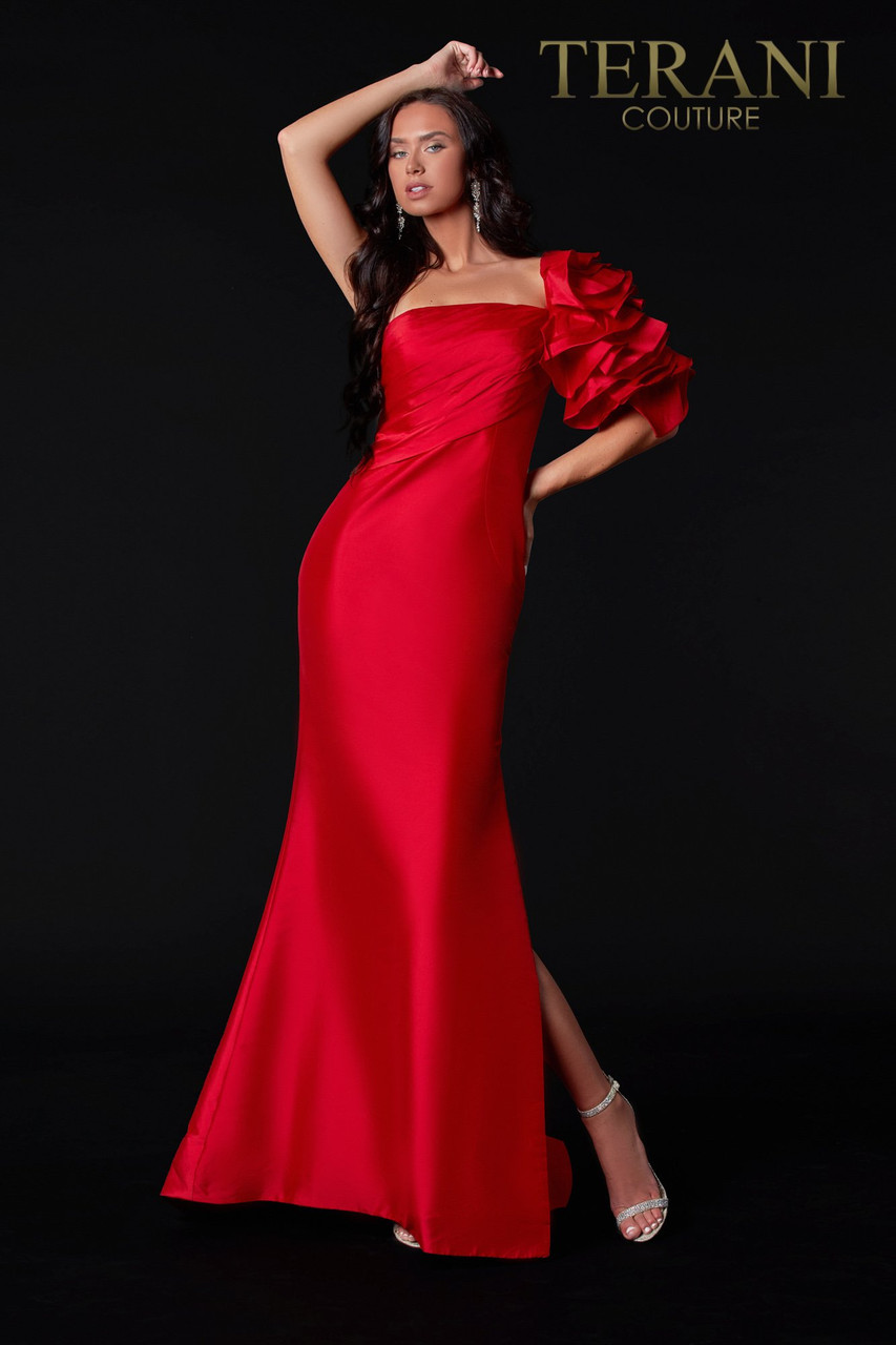 Terani Couture 2111E4727 Ruffle-ornate Half Sleeve Long Gown