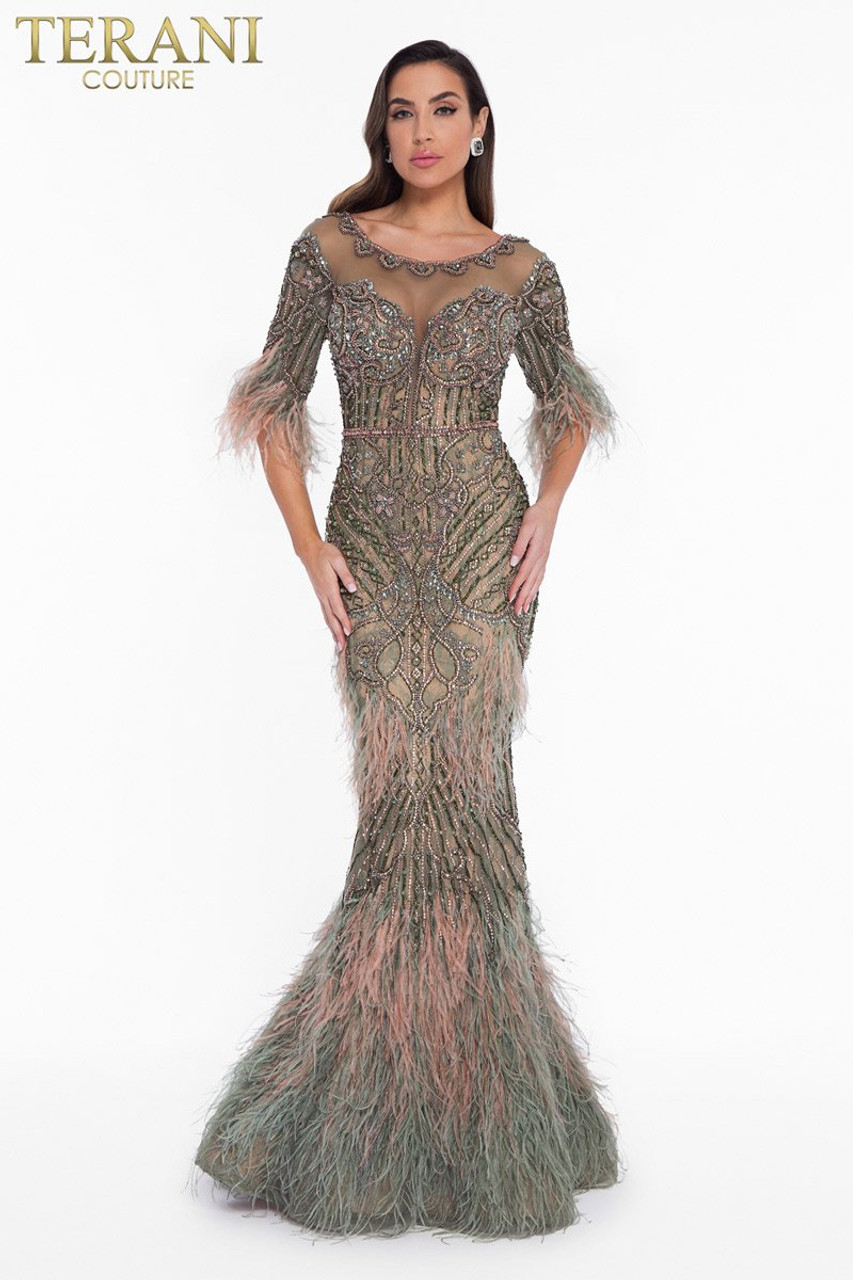 Ostrich Feather Fringed Bejeweled Mermaid Gown - 1911GL9512