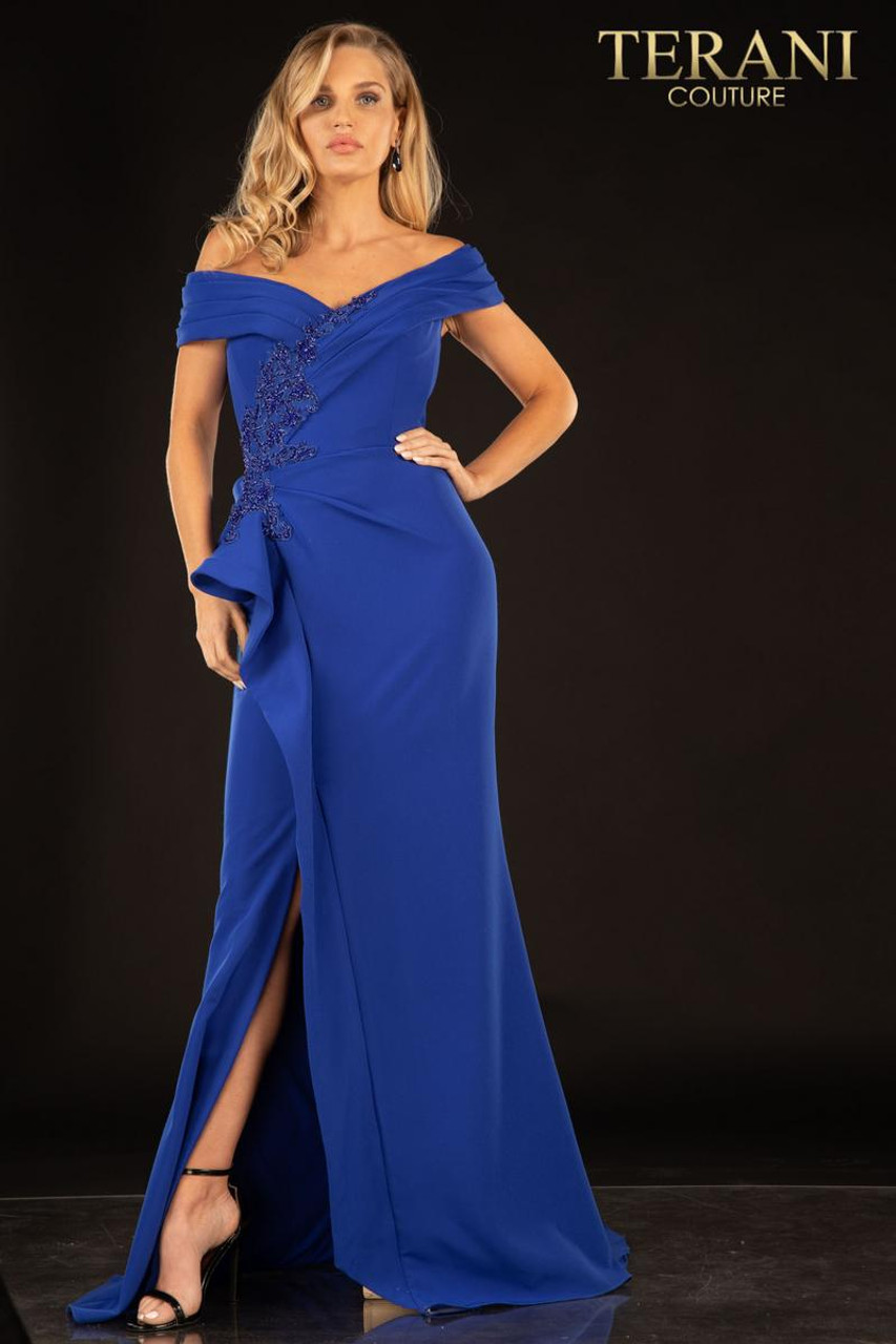 Terani Couture 2021M2986 Off Shoulder Bead Applique Dress