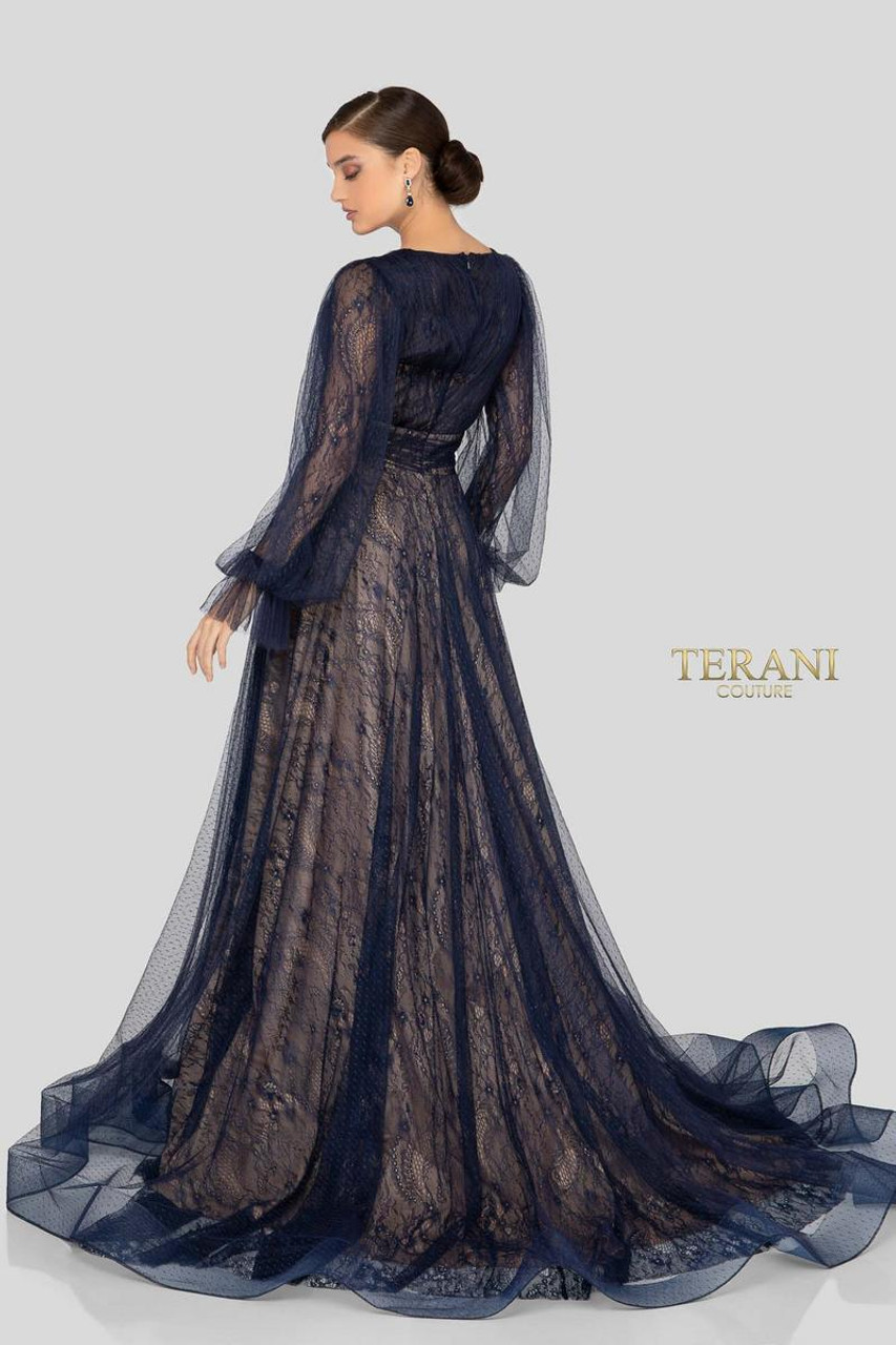 Terani Couture 1913M9414 Sheer Sleeves Plunging V-neck Gown