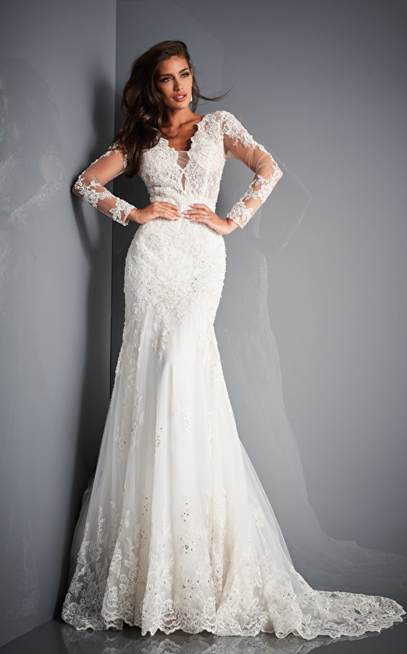 Jovani JB02579 Open Back Illusion Long Sleeves Bridal Gown