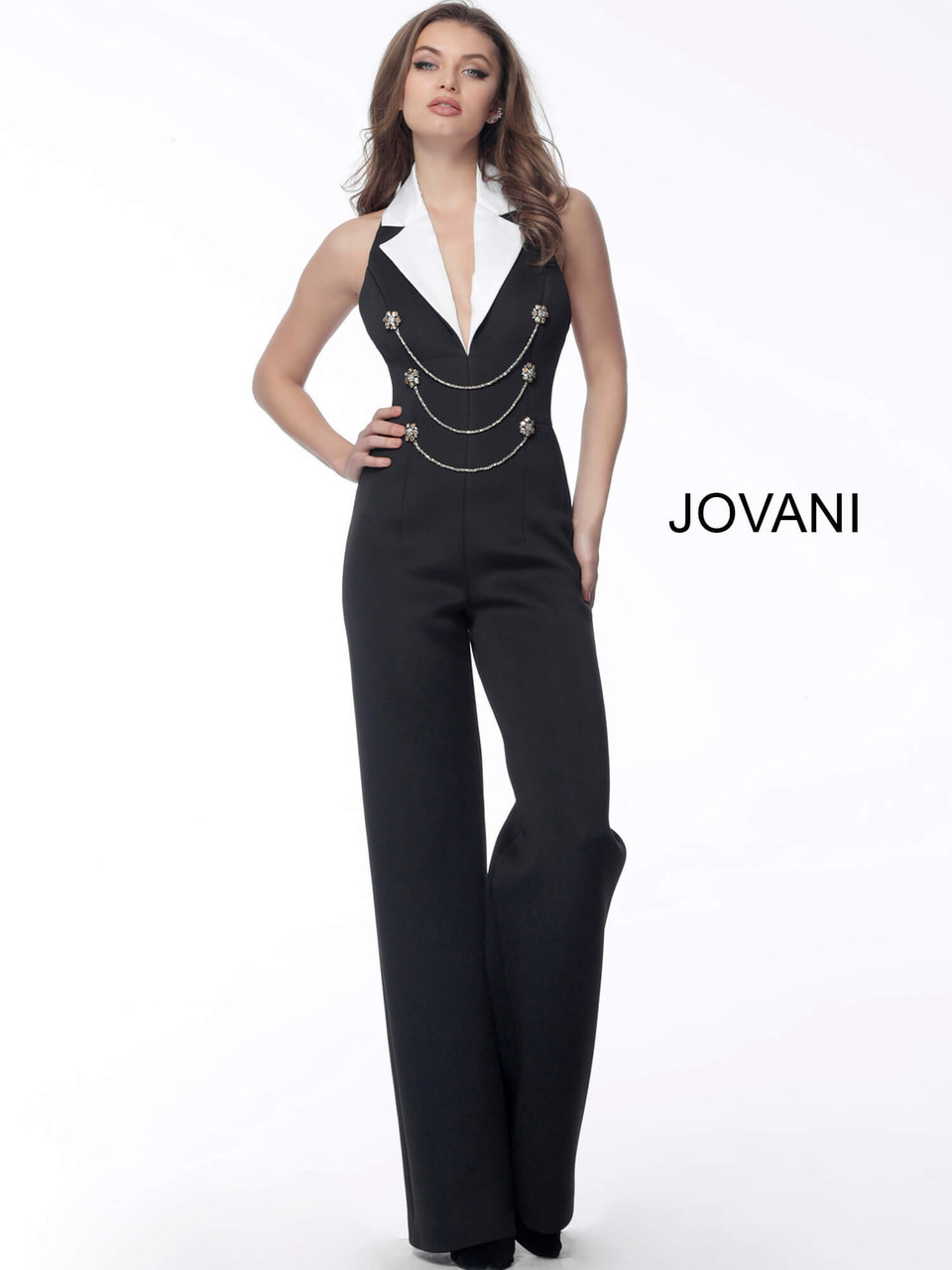 Jovani M65548 Sleeveless Halter Neck Embellished Jumpsuit