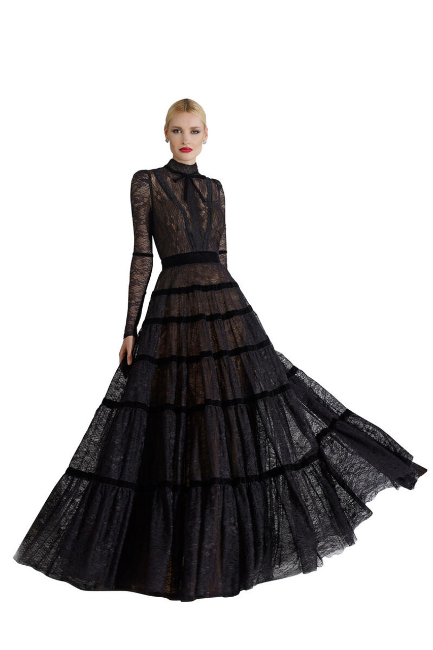 Janique K7031 Sheer Long Sleeve High Neck Lace A-line Gown